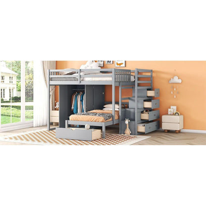 Full Over Twin Bunk Bed with Wardrobe, Drawers, Gray