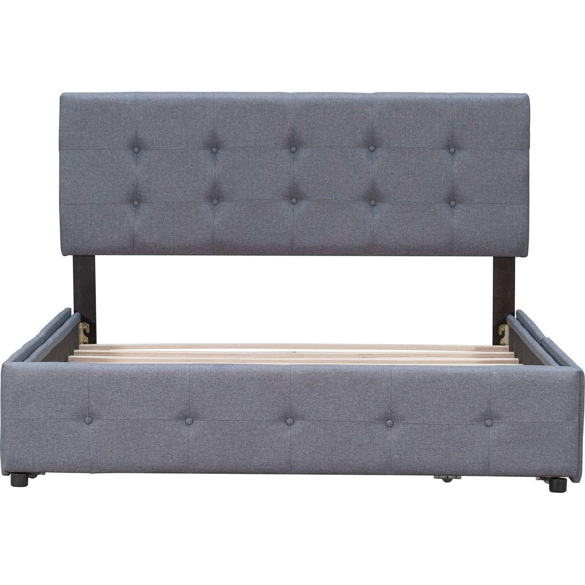 Upholstered Platform Bed with Classic Headboard and 4 Drawers, No Box Spring Needed, Linen Fabric, Queen Size Dark gray