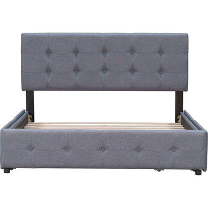 Upholstered Platform Bed with Classic Headboard and 4 Drawers, No Box Spring Needed, Linen Fabric, Queen Size Dark gray