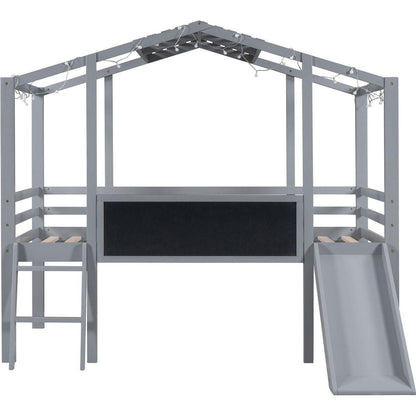 Twin Size Loft Bed with Ladder and Slide, House Bed with Blackboard and Light Strip on the Roof, Gray
