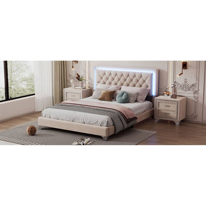 3-Pieces Bedroom Sets,Queen Size Upholstered Platform Bed with LED Lights and Two Nightstands-Beige