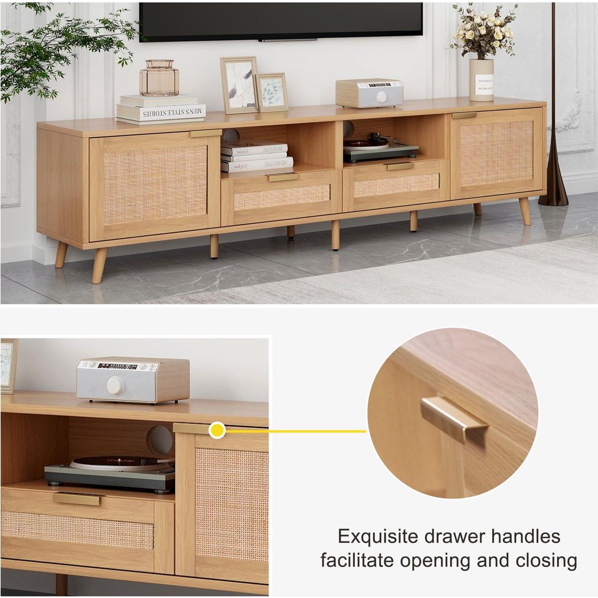 Rattan TV Stand for TVs up to 85", Modern Farmhouse Media Console, Entertainment Center with Solid Wood Legs, TV Cabinet for Living Room,Home Theatre