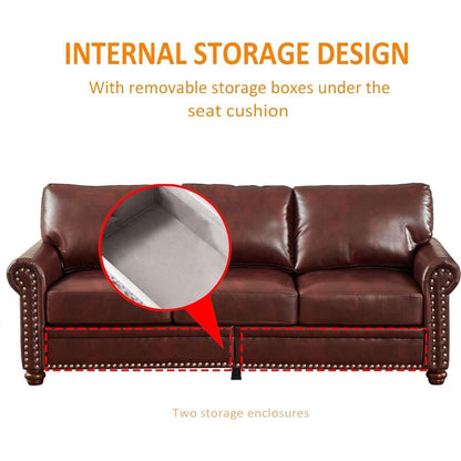 Classic Living Room Nails Sofa Burgundy Faux Leather