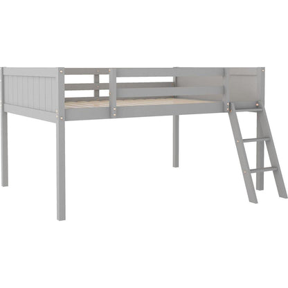 Full Size Wood Low Loft Bed with Ladder, ladder can be placed on the left or right, Gray