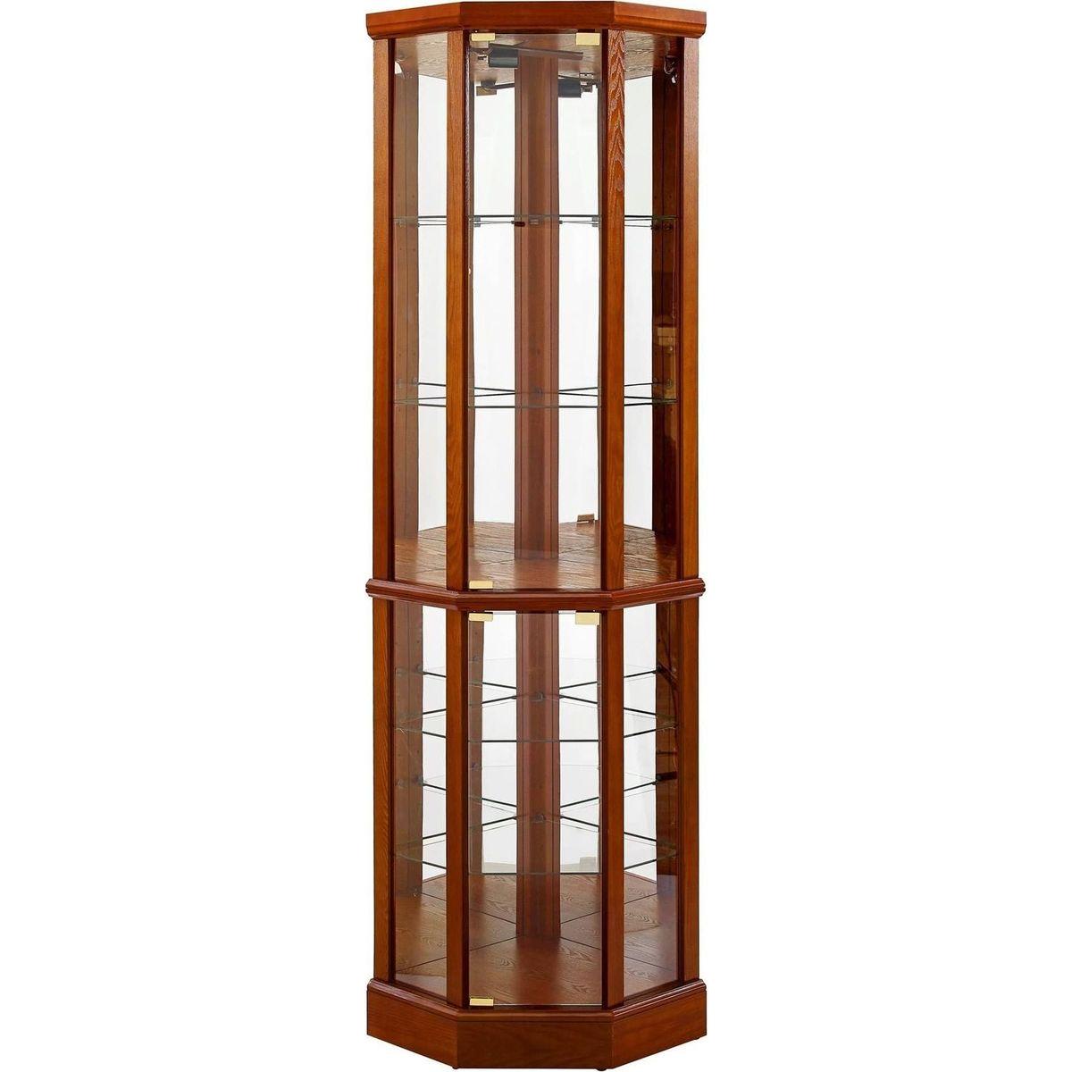 6 Shelf Lighted Corner Curio Cabinet with Adjustable Tempered Glass Shelves and Mirror Back, Oak