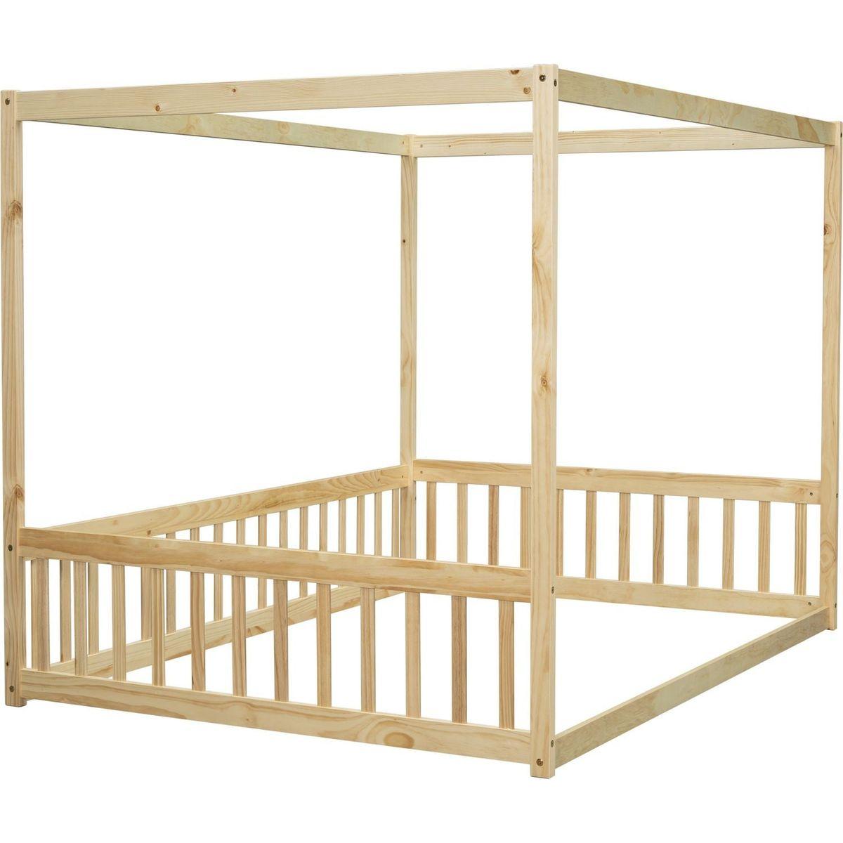 Full Size Canopy Frame Floor Bed with Fence, Guardrails,Natural