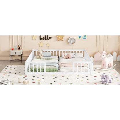 Double Twin Floor Bed with Fence, Guardrails, without door, White