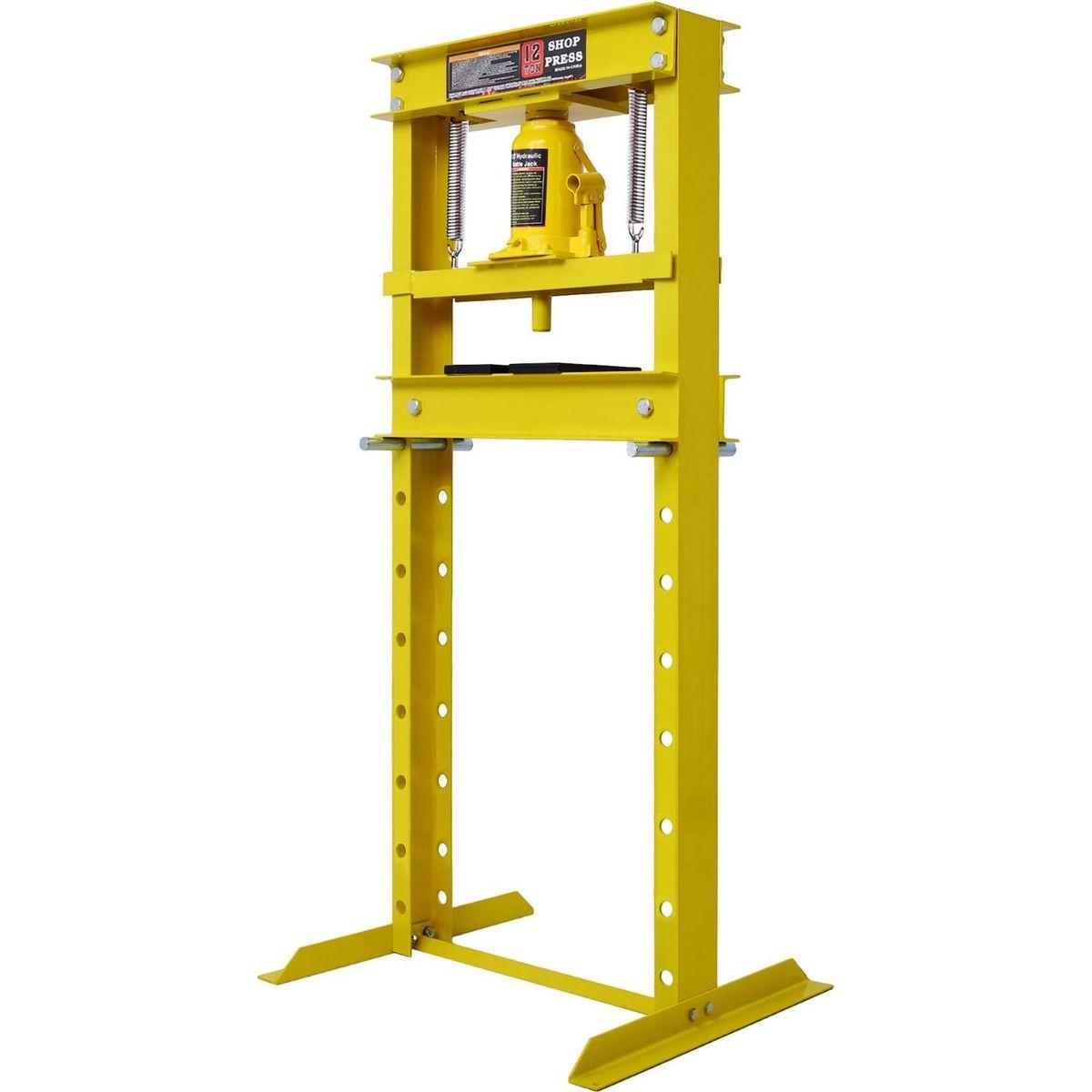 Hydraulic Shop Press, 12-Ton Capacity, Floor Mount, with Press Plates, H-Frame Garage Floor Press, Adjustable Working Table Height,, yellow