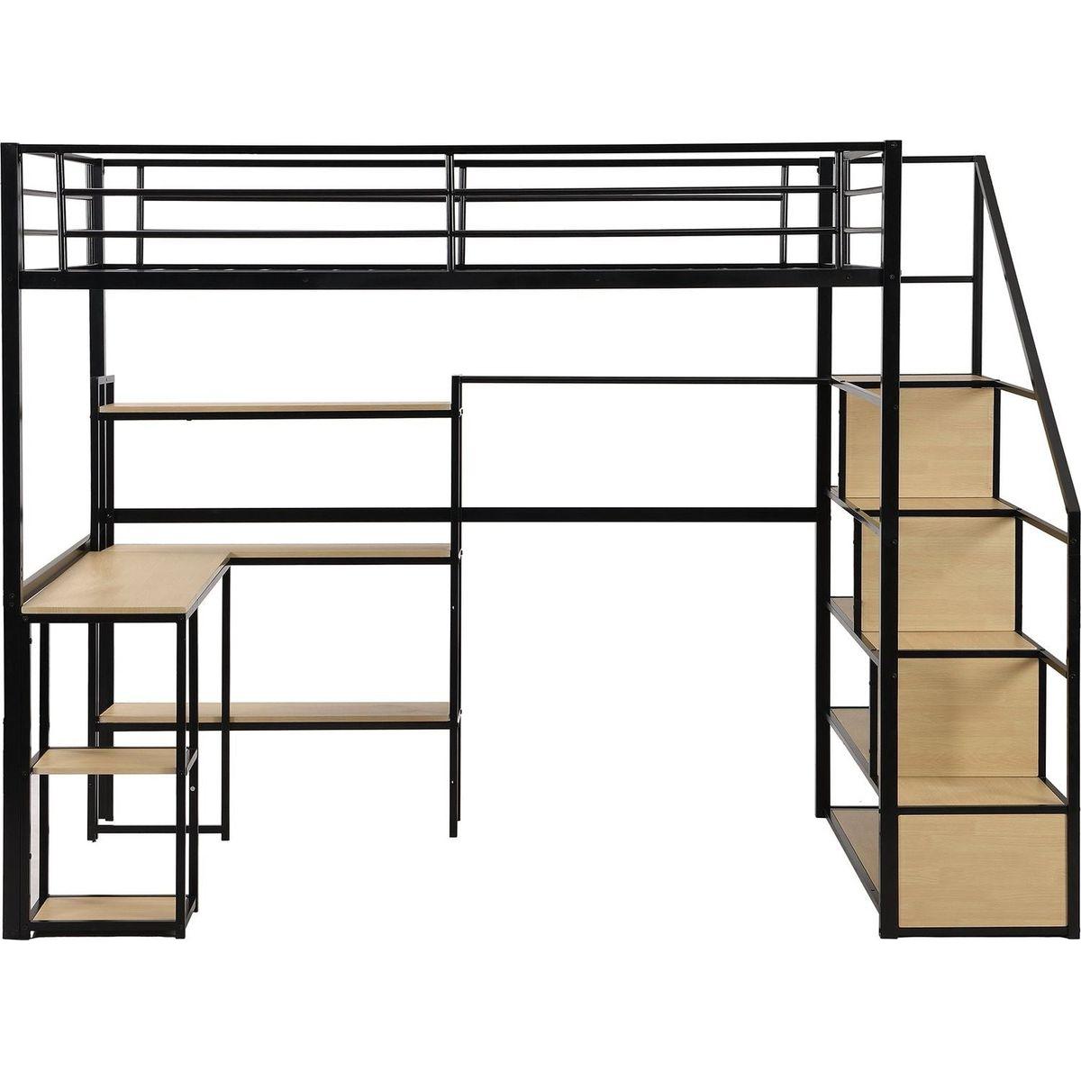 Full Size Metal Loft bed with Staircase, Built-in Desk and Shelves, Black