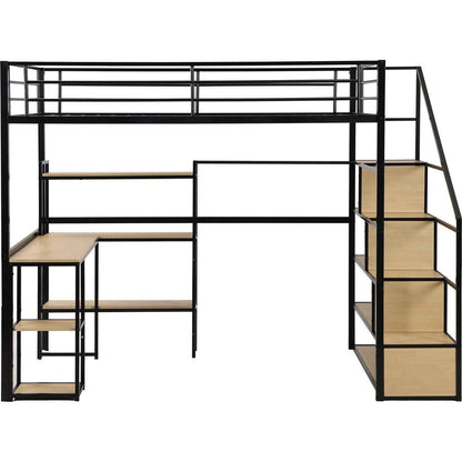 Full Size Metal Loft bed with Staircase, Built-in Desk and Shelves, Black