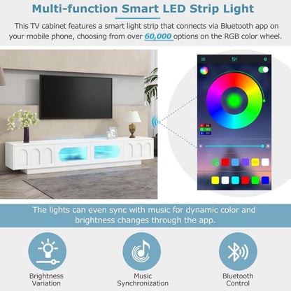 TV Stand with Fluted tempered Glass Doors for TVs Up to 95", Functional Media Console with Arched Cabinet Doors, Entertainment Center with APP-Controlled LED Light for Living Room, White