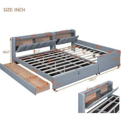 Queen Size & Twin XL Size Upholstered Platform Bed, Mother & Child Bed with Hydraulic Storage System, Drawer Box, Bedhead storage shelf and Two pairs of sockets & USB Ports, PU Leather, Gray