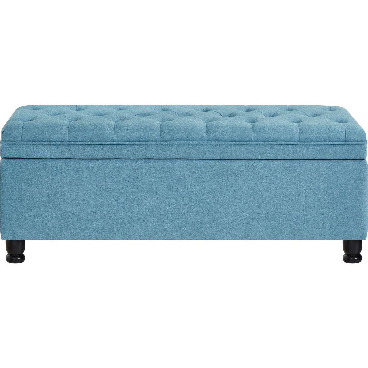 Upholstered tufted button storage bench, Linen fabric entry bench with spindle wooden legs, Bed bench- Light Blue