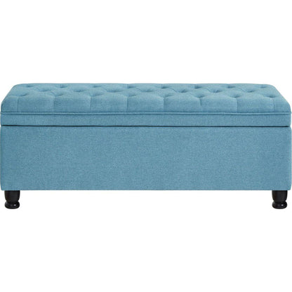 Upholstered tufted button storage bench, Linen fabric entry bench with spindle wooden legs, Bed bench- Light Blue