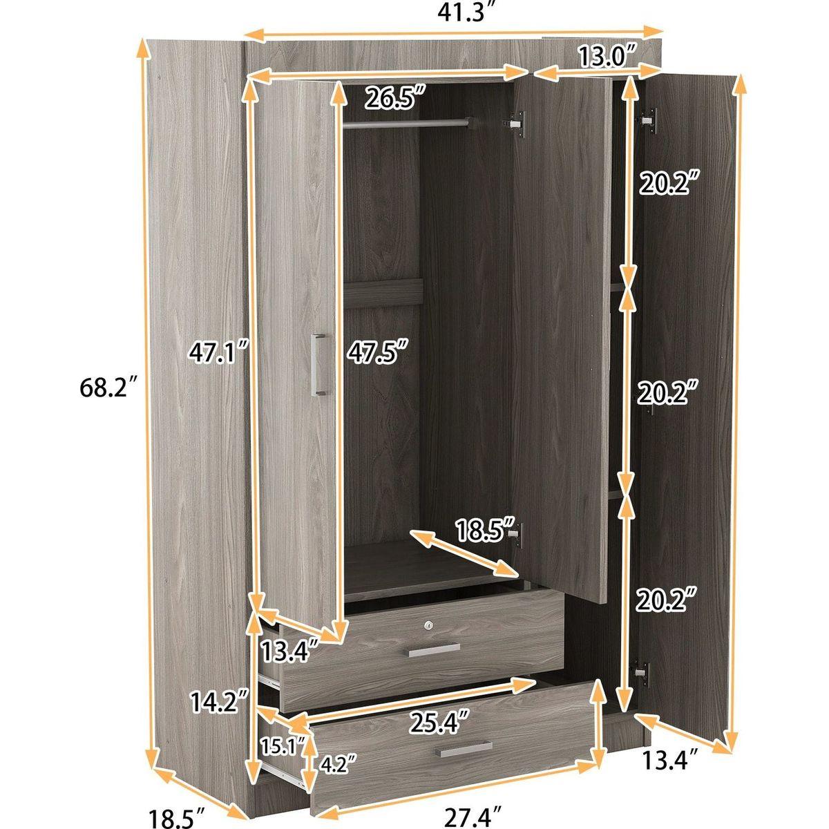 3-Door Wardrobe with 2 Drawers, Wood Grain Effect in Gray