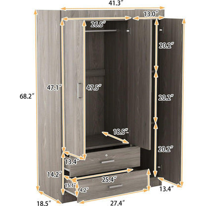 3-Door Wardrobe with 2 Drawers, Wood Grain Effect in Gray