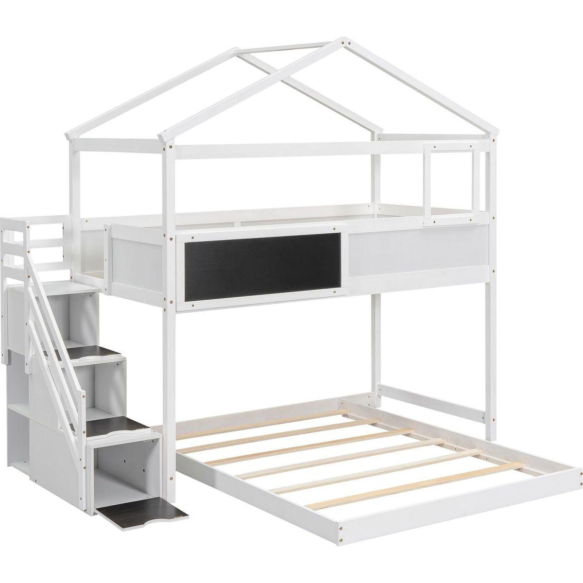 Twin over Full House Bunk Bed with Storage Staircase and Blackboard,White