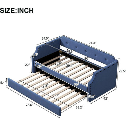Upholstered Daybed with Trundle, Wood Slat Support,Upholstered Frame Sofa Bed, Twin,Blue