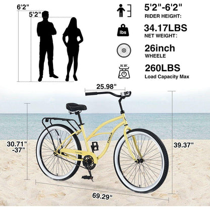 Single Speed Bicycles 26"Inch,Steel Frame, Wide Wheels for Stability, Rear Coaster Brakes,Multiple Colors Women's Beach Cruiser Bike