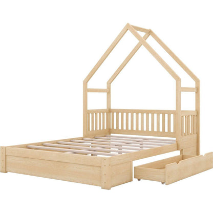 Wood Queen Size House Platform Bed with Guardrail and 2 Drawers, Natural