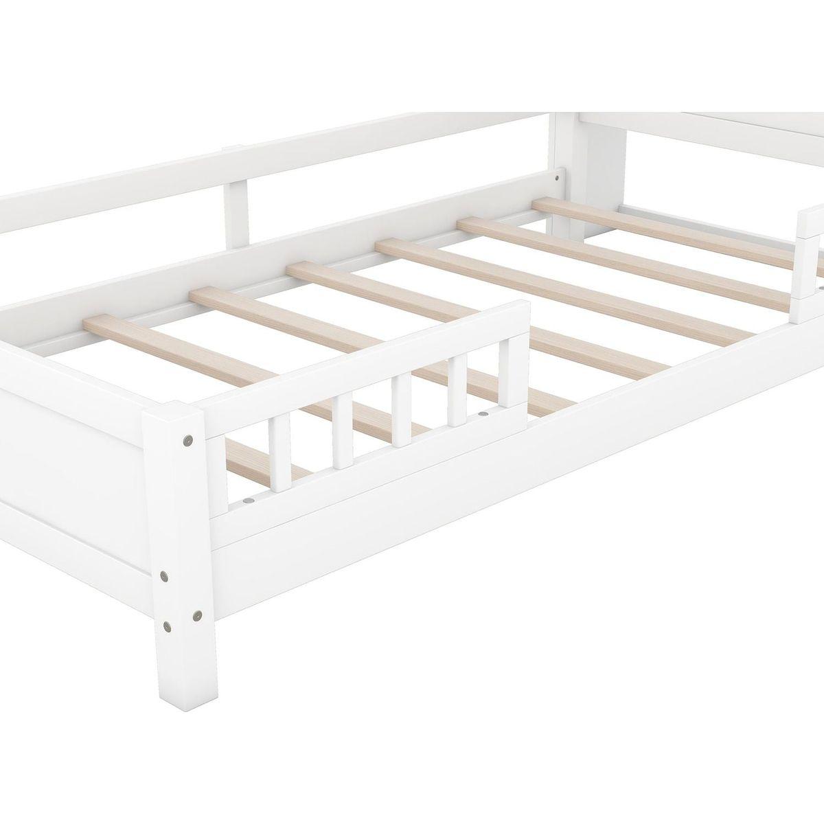 Wood Twin Size Platform Bed with Built-in LED Light, Storage Headboard and Guardrail, White