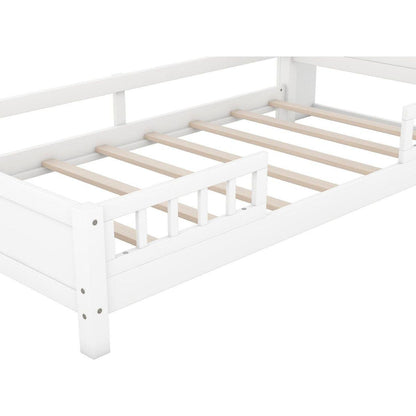 Wood Twin Size Platform Bed with Built-in LED Light, Storage Headboard and Guardrail, White