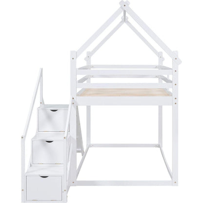 Twin over Twin House Loft or Bunk Bed with Slide and Staircase, White