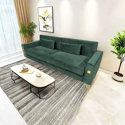 FX-P18-RG2(SOFA) Luxury Emerald Green Velvet Sofa with Gold Accents - Modern 3-Seat Couch with Plush Cushions, Perfect for Living Room and Office Decor
