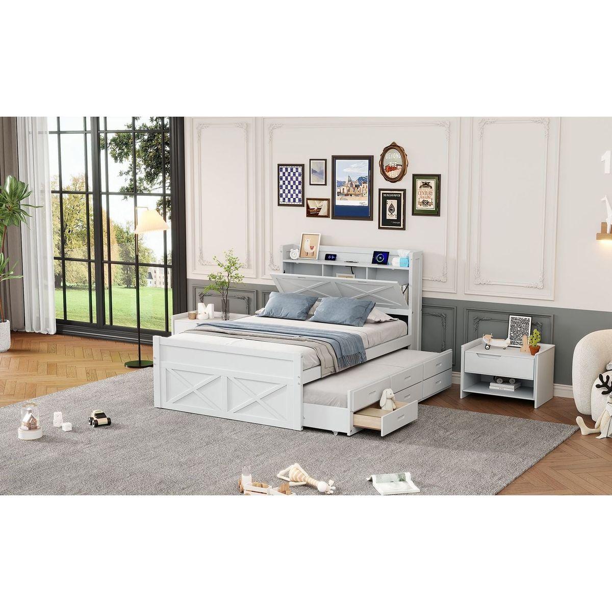 Full Size Wooden Bed with Storage Headboard with Outlets, Extendable Bed with Twin Size Trundle with Three Storage Drawers,White