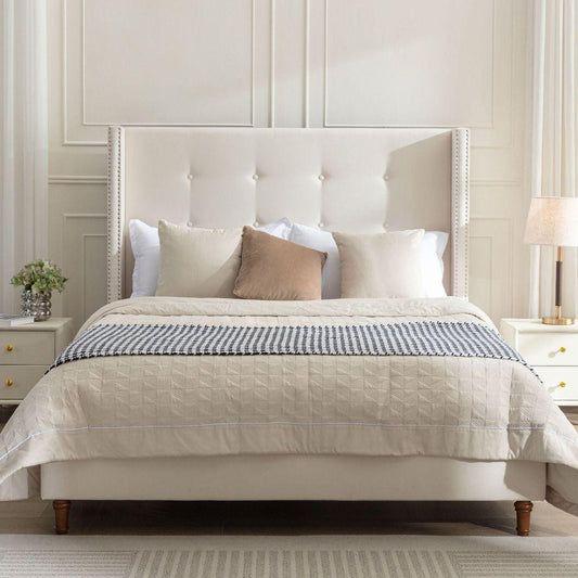 Upholstered Queen Bed / 54" High Headboard / Traditional Hand Buttoned Tufting / Nailhead Trim Wingback / No Box Spring Needed / Easy Assembly / Ivory Velvet