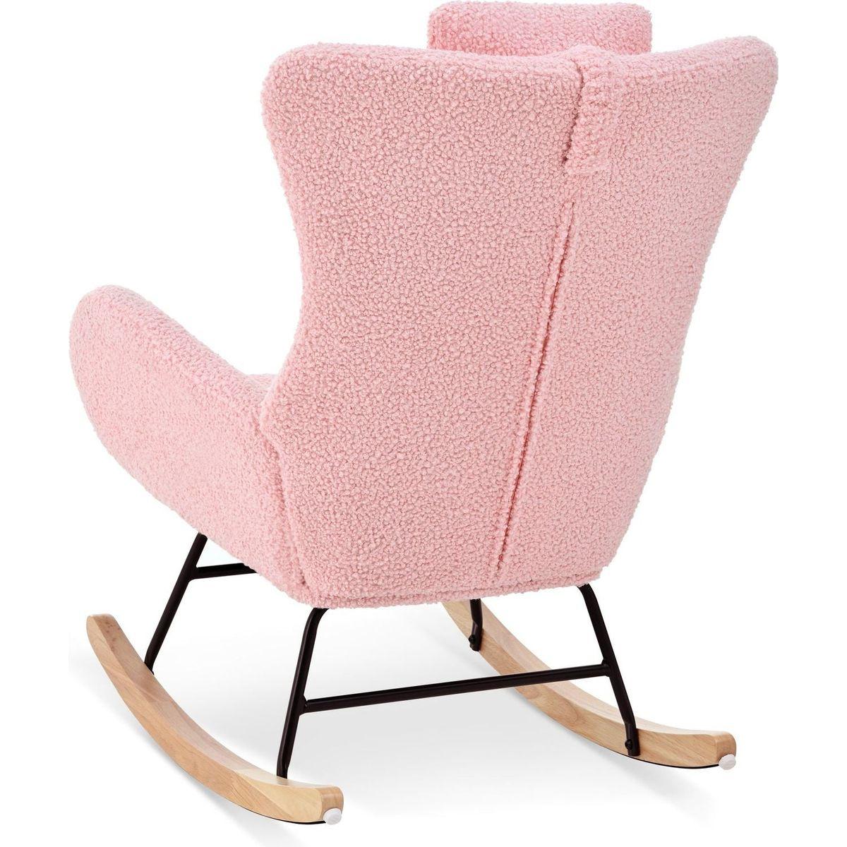 Rocking Chair Nursery, Teddy Upholstered Rocker Glider Chair with High Backrest, Adjustable Headrest & Pocket, Comfy Glider Chair for Nursery, Bedroom, Living Room, Offices, Rubber wood, pink