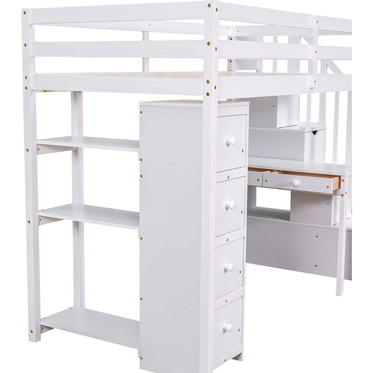 Twin size Loft Bed with Storage Drawers, Desk and Stairs, Wooden Loft Bed with Shelves - White