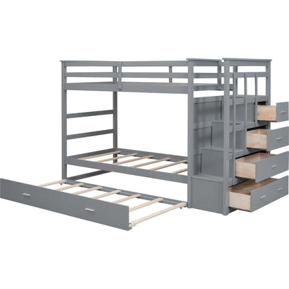 Twin Over Twin Bunk Bed with Trundle and Staircase,Gray