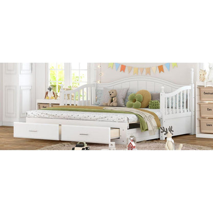 Wooden Twin Size Daybed with Twin Size Trundle, Extendable Daybed with Two Storage Drawers,White