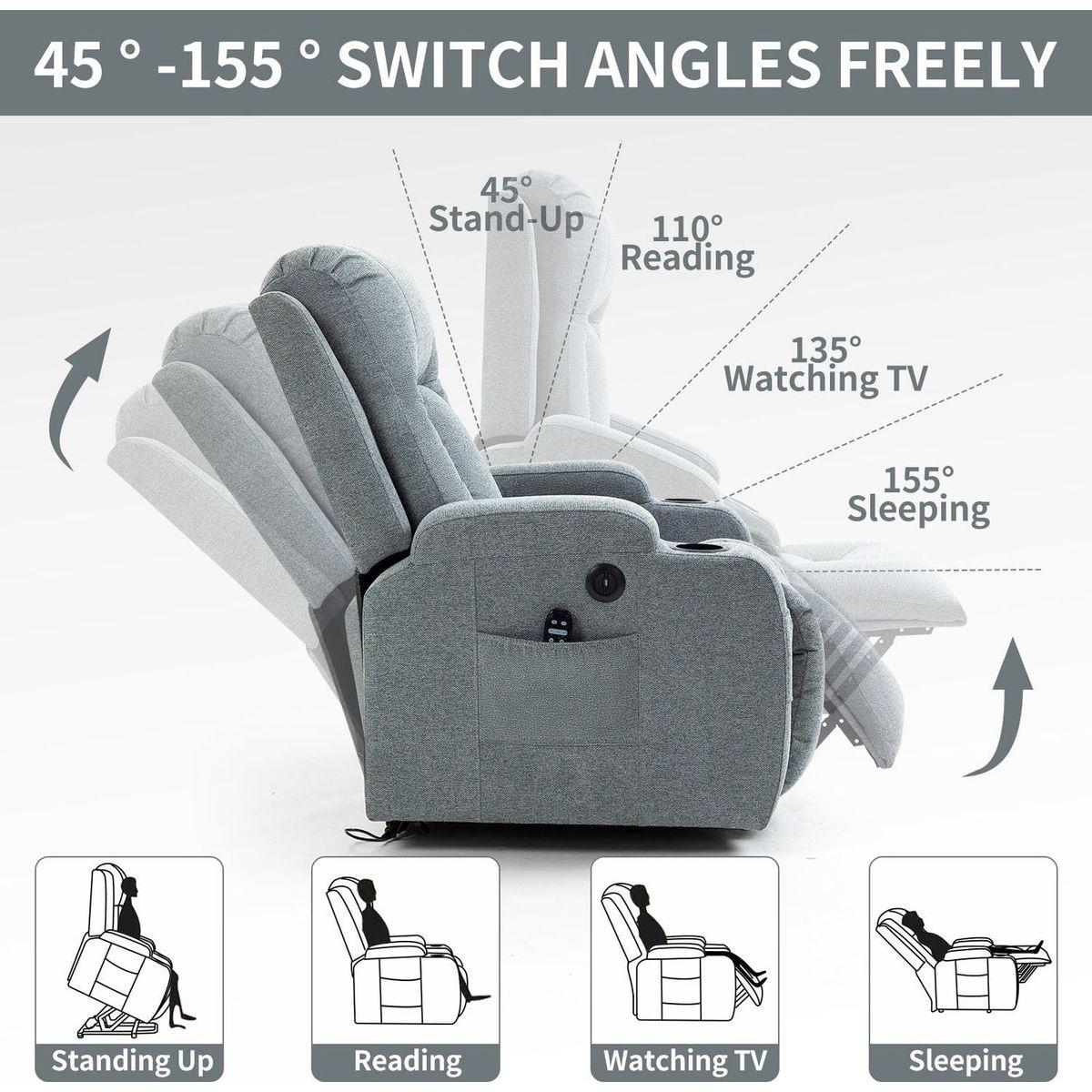 Infinite Position Okin Motor Up to 350 LBS Power Lift Recliner Chair for Elderly, Heavy Duty Motion Mechanism with 8-Point Vibration Massage and Lumbar Heating, USB Charging Port, Cup Holders, Grey