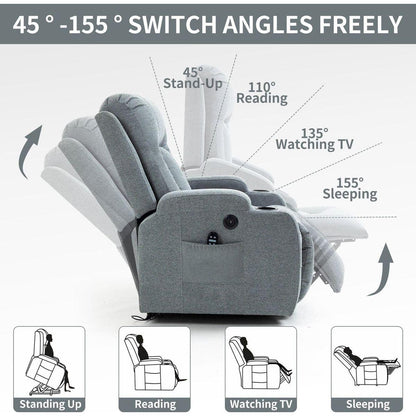 Infinite Position Okin Motor Up to 350 LBS Power Lift Recliner Chair for Elderly, Heavy Duty Motion Mechanism with 8-Point Vibration Massage and Lumbar Heating, USB Charging Port, Cup Holders, Grey