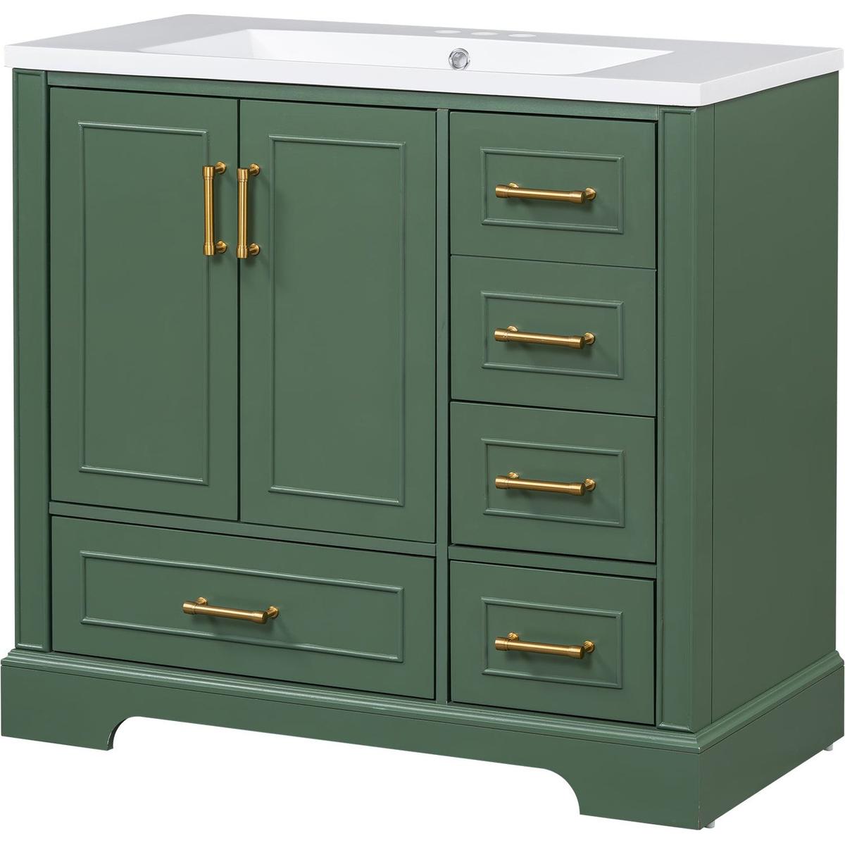 36-inch Traditional Bathroom Vanity with Resin Sink Combo Set, Green Bathroom Cabinet with Two Doors and Four Drawers