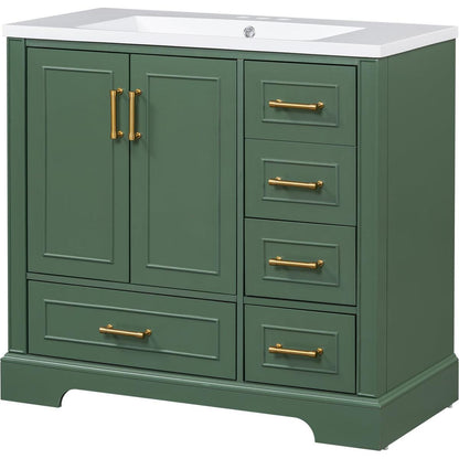 36-inch Traditional Bathroom Vanity with Resin Sink Combo Set, Green Bathroom Cabinet with Two Doors and Four Drawers