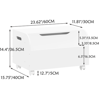 Wooden Toy Box with 4 Universal Wheels, Kids Toy Storage Organizer with Front Bookshelf, Flip-Top Lid, Safety Hinge, Boys Girls Toy Chest Bench for Playroom Kids Room Organization (White)