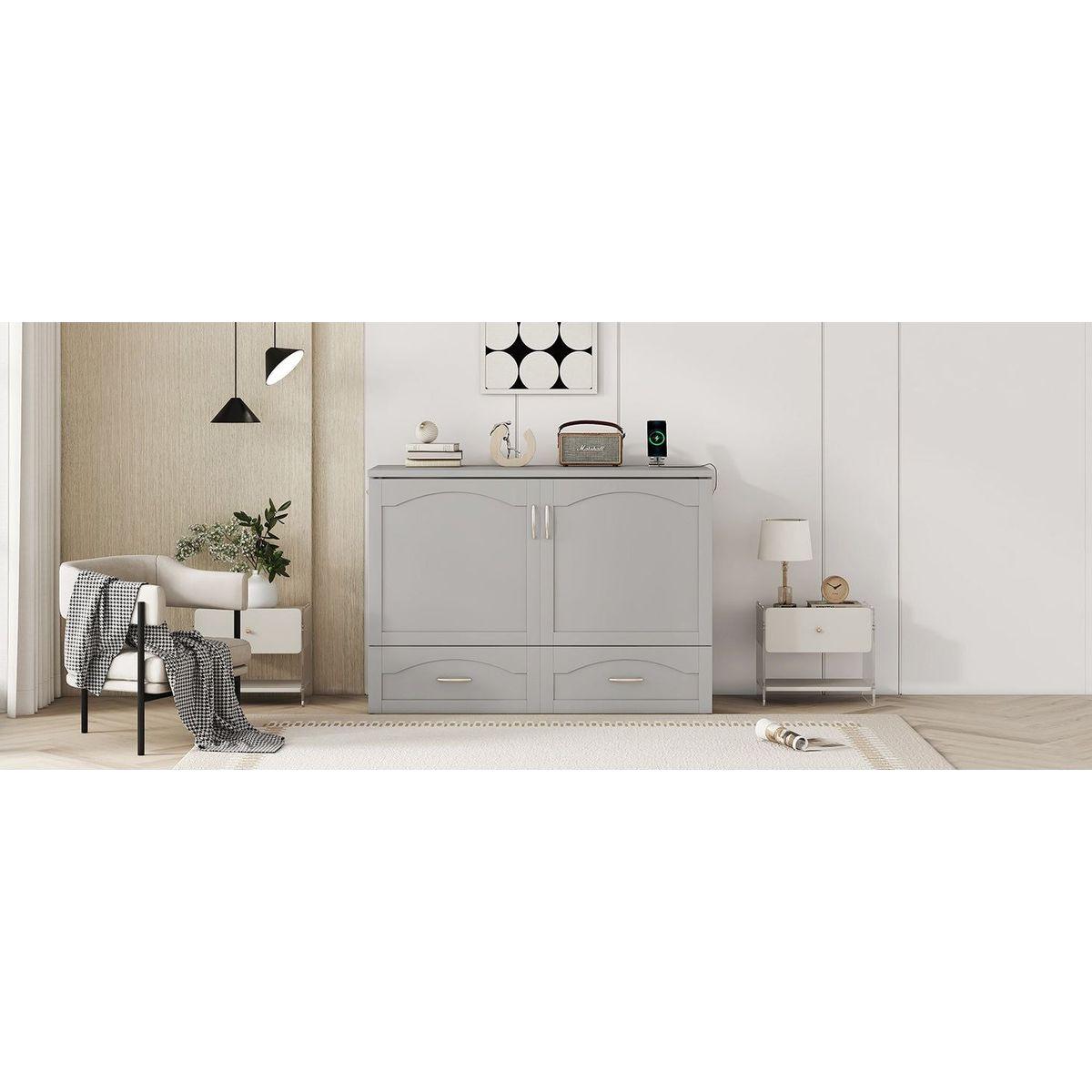 Full Size Murphy Bed Wall Bed with drawer and a set of Sockets & USB Ports, Pulley Structure Design, Gray