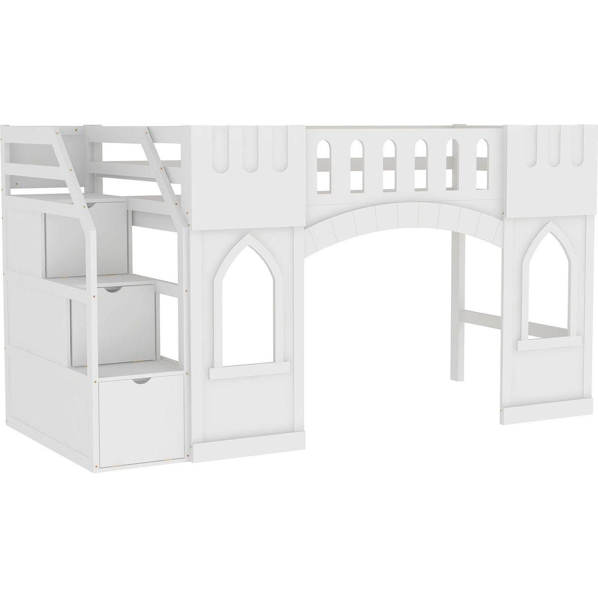 Twin Size Loft Bed with Storage Staircase and Window, White