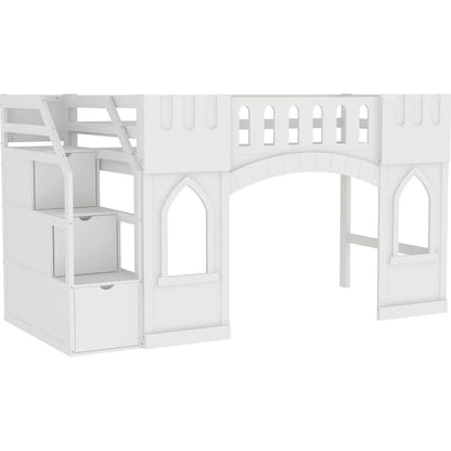 Twin Size Loft Bed with Storage Staircase and Window, White