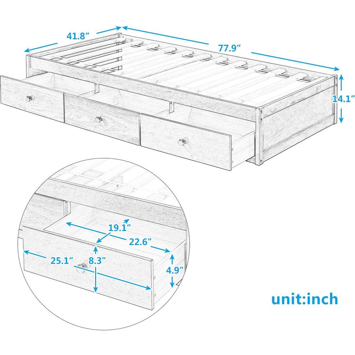 Twin Size Platform Storage Bed with 3 Drawers,White