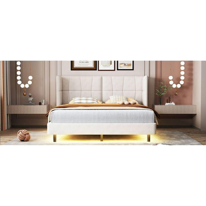 Queen Size Upholstered Platform Bed with LED Lights and U-Shaped Headboard, Linen Fabric, Beige