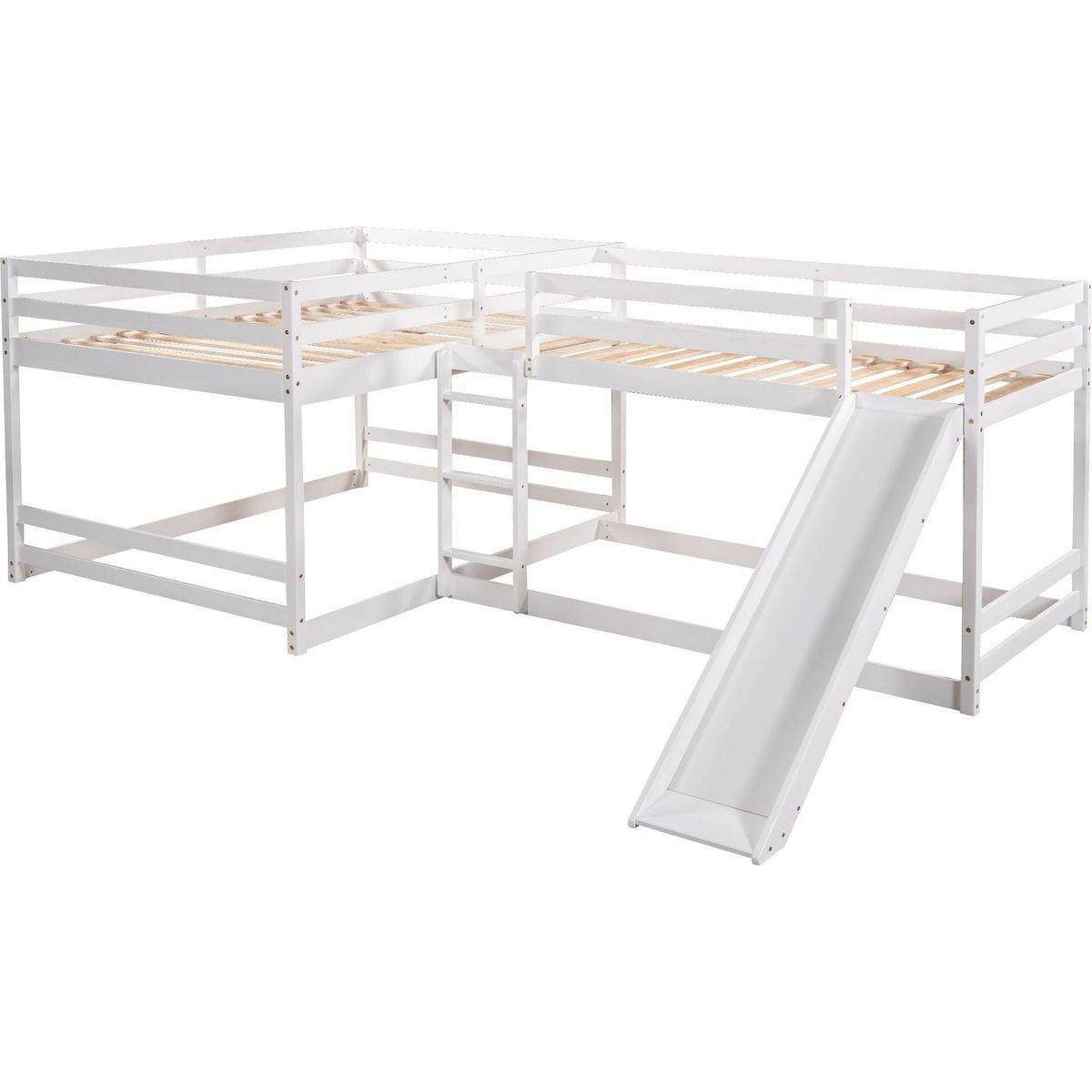 Full and Twin Size L-Shaped Bunk Bed with Slide and Short Ladder,White