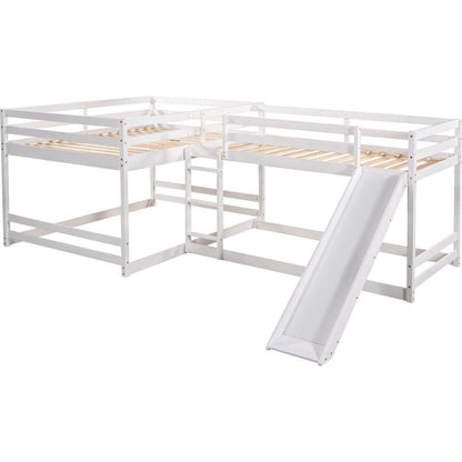 Full and Twin Size L-Shaped Bunk Bed with Slide and Short Ladder,White