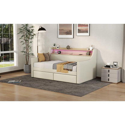Twin Size Daybed with Storage Drawers, Upholstered Daybed with Charging Station and LED Lights, Beige