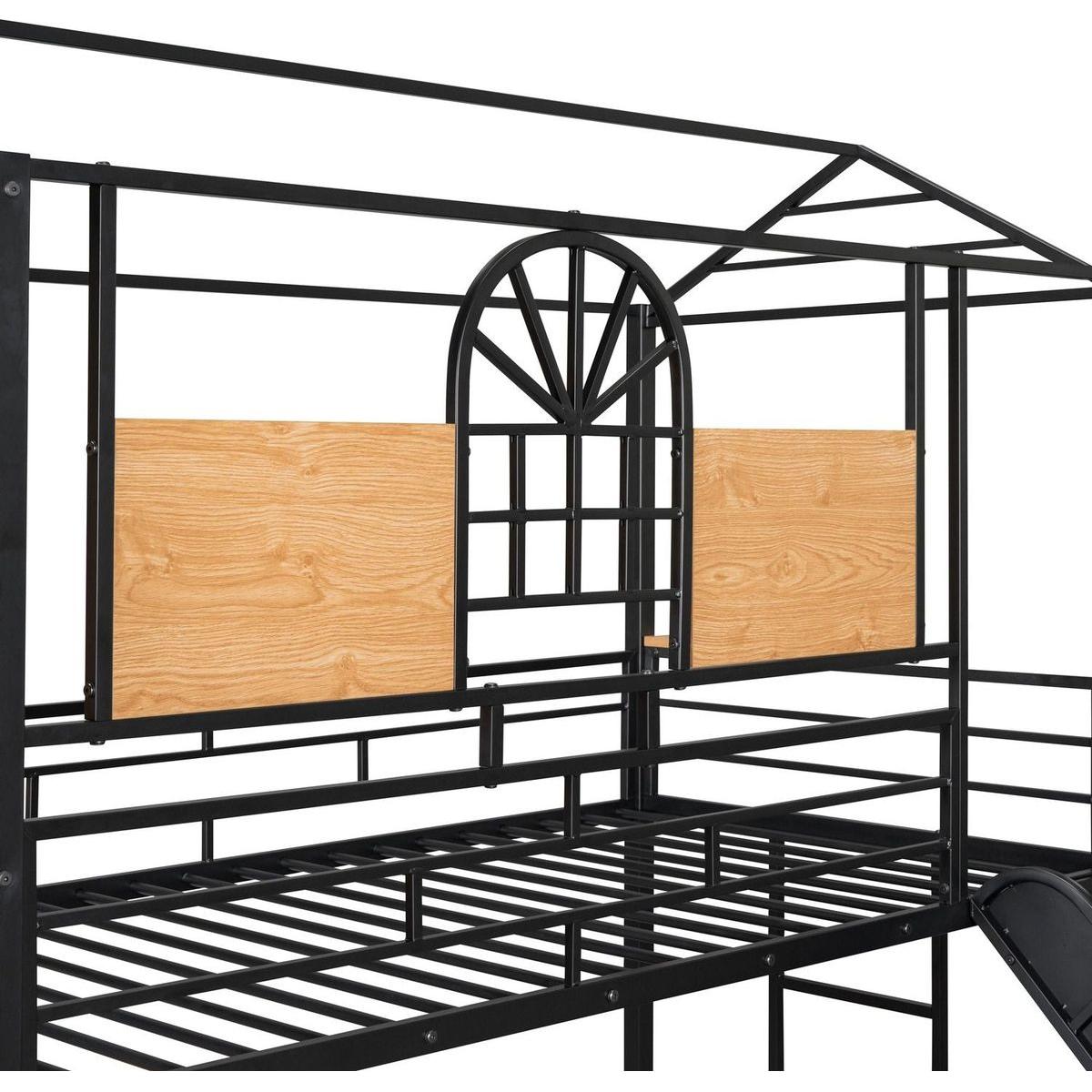 Twin Over Twin Metal Bunk Bed, Metal Housebed with Slide and Storage Stair, Black with Black Slide
