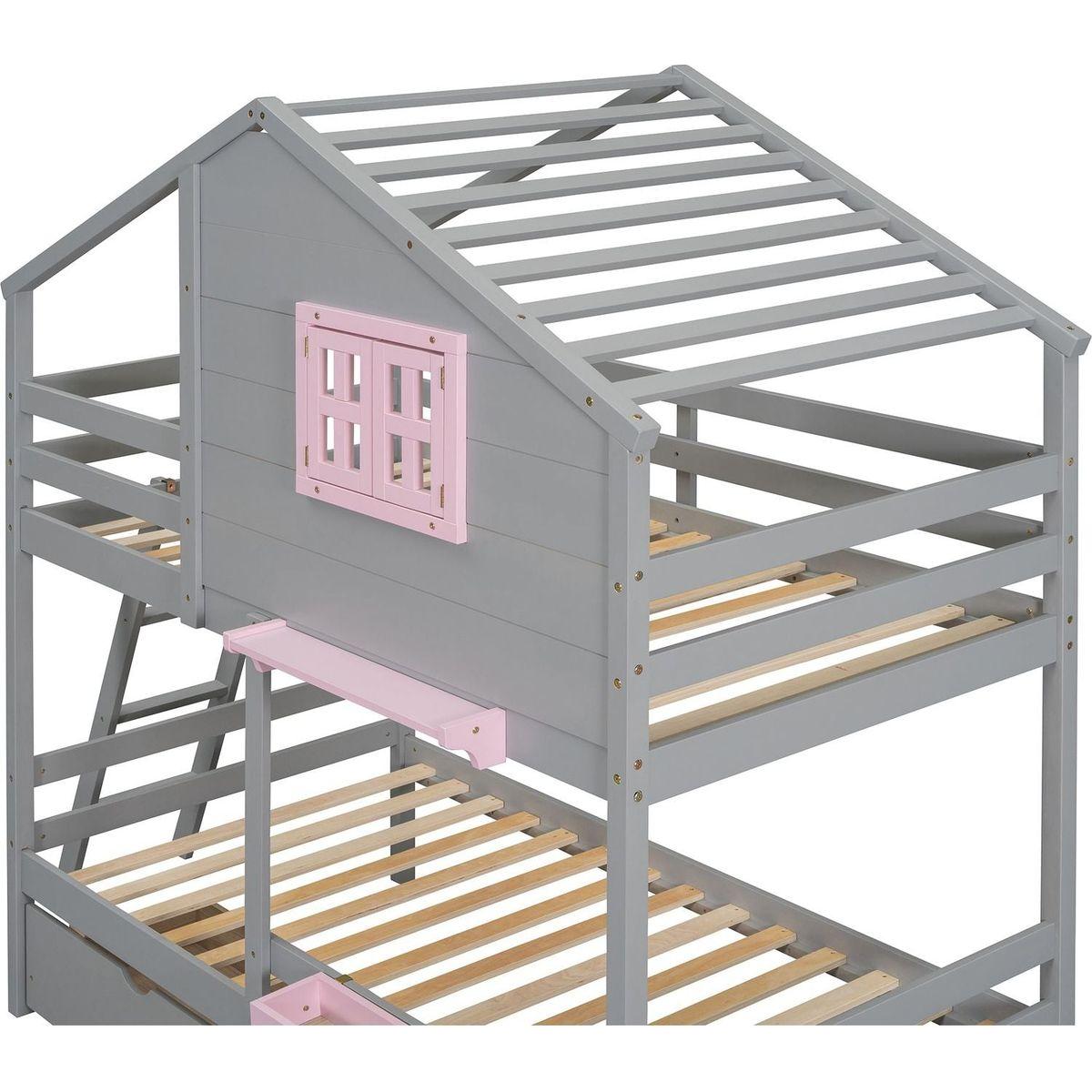 Twin over Twin Bunk Bed with 2 Drawers, 1 Storage Box, 1 Shelf, Window and Roof-Gray