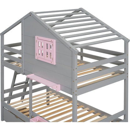 Twin over Twin Bunk Bed with 2 Drawers, 1 Storage Box, 1 Shelf, Window and Roof-Gray